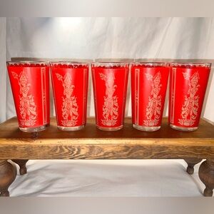 (5) Culver Mid Century Modern Red and Gold Thai Goddess Highball Glasses